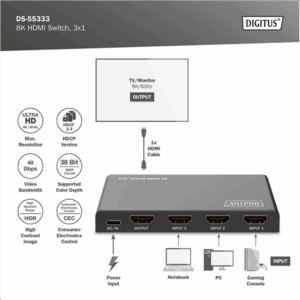 Digitus 8K HDMI Switch, 3x1 | DS-55333 | Black - Image 6