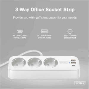 Digitus 3-way office socket strip with 2x USB-A and 1x USB-C connections | DA-70626 - Image 8