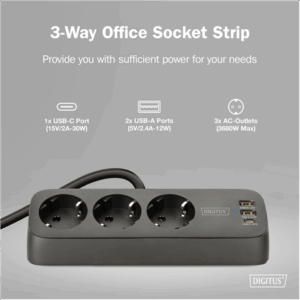 Digitus 3-way office socket strip with 2x USB-A and 1x USB-C connections | DA-70625 - Image 10