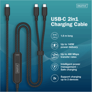 Digitus USB-C 2in1 charging cable, 140W | AK-300170-018-S - Image 6