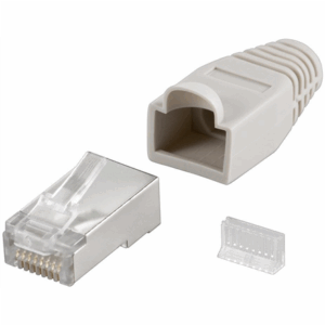 Goobay 68746  RJ45 plug, CAT 5e STP shielded with strain-relief boot, grey | for round cable with Threader   cable lead in 6.4 mm single packed (1 set per polybag)  Technical specifications  Connections  Connection, type  RJ45 male (8P8C)   Connection, contact material  gold-plated 3µ   Contacting  8 Pin   Cable  Specification  CAT 5e   Shielding class  STP   AWG  26-24   General  Consumption Unit  10 pcs. polybag   Color  grey - Image 2