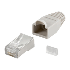 Goobay 68746  RJ45 plug, CAT 5e STP shielded with strain-relief boot, grey | for round cable with Threader   cable lead in 6.4 mm single packed (1 set per polybag)  Technical specifications  Connections  Connection, type  RJ45 male (8P8C)   Connection, contact material  gold-plated 3µ   Contacting  8 Pin   Cable  Specification  CAT 5e   Shielding class  STP   AWG  26-24   General  Consumption Unit  10 pcs. polybag   Color  grey - Image 3