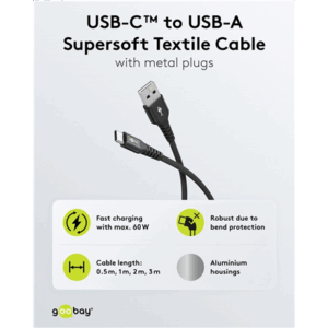 Goobay USB-C to USB-A Supersoft Textile Cable with Metal Plugs | 74526 | USB-C to USB-A - Image 5