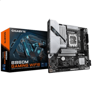 Gigabyte B860M GAMING WIFI6 | Processor family Intel | Processor socket LGA1851 | DDR5 | Supported hard disk drive interfaces M.2, SATA | Number of SATA connectors 4 - Image 1