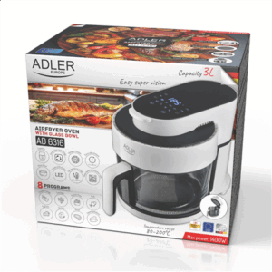 Adler Air Fryer Oven with Glass Bowl | AD 6316 | Power 1200 W | Capacity 3 L | Convection | White/Black - Image 3