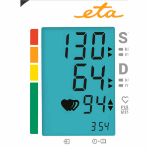 ETA | Upper Arm Blood Pressure Monitor | ETA229790000 | Memory function | Number of users 2 user(s) | 4 | Suitable for home use. Measurement of systolic and diastolic pressure, pulse. Oscillometric measurement method. Display of measured values on LCD. Fully automatic filling and deflation of the cuff. Pressure measurement accuracy +/- 3 mmHg, pulse +/- 5%. Pressure measurement range 0 - 299 mmHg, pulse 40 - 199 per minute. Irregular heart rate detection. WHO blood pressure classification. | Upper Arm - Image 6