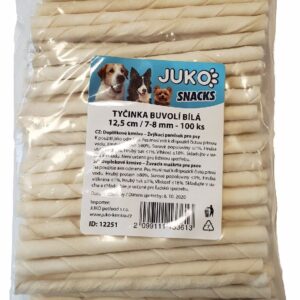 Skanėstas iš buivolo odos balta JUKO Užkandžiai12,5 cm, 7 - 8 mm (100 vnt), 1 vnt.