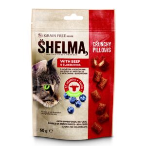 Skanėstas katėms SHELMA pillows with beef and blueberries GF pagalvėlės su jautiena ir mėlynėmis, 60 g, 8 vnt.