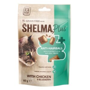 Skanėstai katėms Shelma Cat Snack Anti-hairball GF su vištiena ir mėlynėmis, 60 g, 8 vnt.