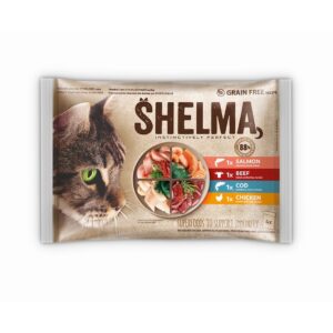SHELMA Rich in salmon, cod, beef and chicken - šlapias kačių maistas - 4x85g