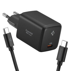 Spigen EE451EU ESSENTIAL 1 prievado tinklo įkroviklis 45W + TYPE-C laidas juodas