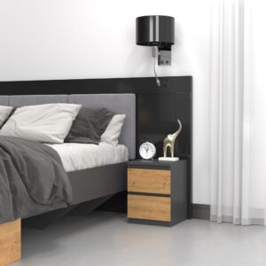 Topeshop M2 ANTRACYT/ARTISAN naktinis staliukas / staliukas prie lovos 2 stalčiai Antracitas, Ąžuolas, Medis - Image 2