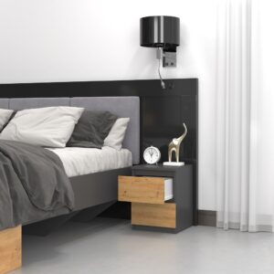 Topeshop M2 ANTRACYT/ARTISAN naktinis staliukas / staliukas prie lovos 2 stalčiai Antracitas, Ąžuolas, Medis - Image 3