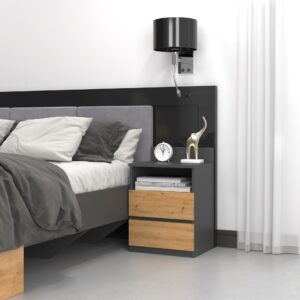 Topeshop M1 ANTRACYT/ARTISAN naktinis staliukas / staliukas prie lovos 2 stalčiai Ąžuolas - Image 2