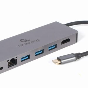 Gembird A-CM-COMBO5-05 USB Type-C 5-in-1 kelių prievadų adapteris (Hub + HDMI + PD + kortelių skaitytuvas + LAN)