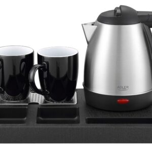 Adler AD 1354 Viešbučio virdulys nerūdijančio plieno 1,2 l + padėklas su puodeliais juodas, plieninis