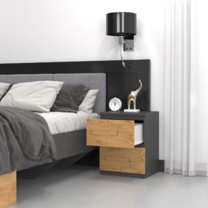Topeshop W2 ANTRACYT/ARTISAN naktinis staliukas / staliukas prie lovos 2 stalčiai Antracitas, Ąžuolas - Image 2