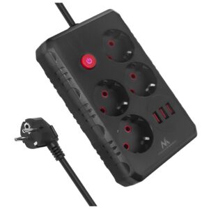 Maclean elektros paskirstytuvas, 4 lizdai + 3xUSB prailginimo laidas, 110–240 V kintama srovė, 50/60 Hz, 2,1 A, maks. 2500 W, 3 m, juodas, MCE393 B