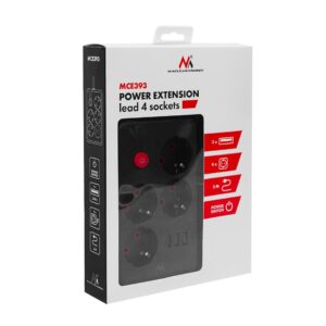 Maclean elektros paskirstytuvas, 4 lizdai + 3xUSB prailginimo laidas, 110–240 V kintama srovė, 50/60 Hz, 2,1 A, maks. 2500 W, 3 m, juodas, MCE393 B - Image 3