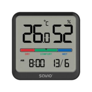 SAVIO Belaidė meteorologinė stotelė, temperatūros ir drėgmės jutiklis, naudojama patalpose, LCD ekranas, laikrodis, data, rankena su magnetu, CT-01/B Black