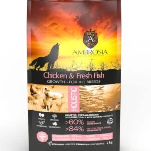 AMBROSIA GF Chicken & Fresh Fish Puppy begrūdis vištienos ir šviežios žuvies sausas maistas šuniukams, 2 kg