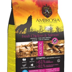Ambrosia GF Junior Large Breed Fresh Chicken & Salmon begrūdis sausas maistas jauniems, didelių veislių šunims, 12 kg