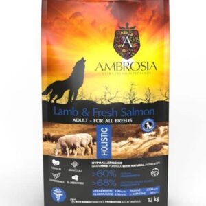 AMBROSIA GF Lamb & Fresh Salmon Adult begrūdis ėrienos ir šviežios lašišos sausas maistas šunims, 12 kg