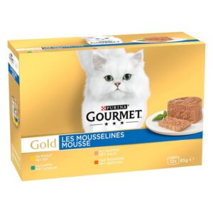 Gourmet Gold Mousse Mix kons.katėms (triušiena,vištiena,lašiša,inkst), 12 x 85 g