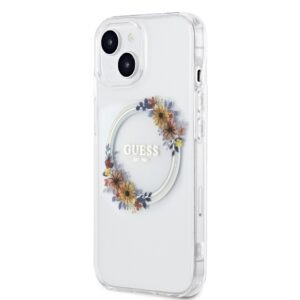 Guess PC/TPU Flowers Ring Glossy Logo MagSafe dėklas skirtas Apple iPhone 15 Plus skaidrus