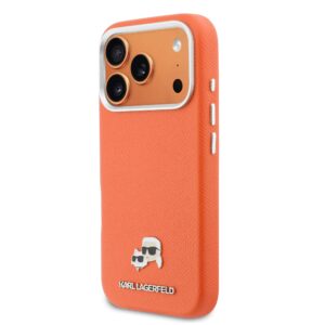 Karl Lagerfeld PU Karl and Choupette Heads Pins MagSafe dėklas skirtas Apple iPhone 17 Pro Orange