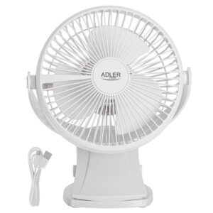 Adler Rechargeable Clip-on Desk Fan | AD 7342 | Table Fan | White | Diameter 15.5 cm | Number of speeds 3 | Oscillation | 5 W