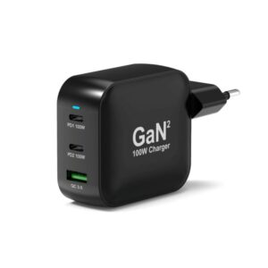 PORT CONNECT GaN2 wall charger for 2×USB-C PD and USB-A QC, 100W, Black