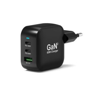 PORT CONNECT GaN2 wall charger for 2×USB-C PD and USB-A QC, 65W, Black