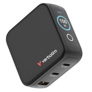 Verbatim Mini GaN Charger 100W with Display, 2× USB-C PD, 1× USB-A QC 3.0, Black