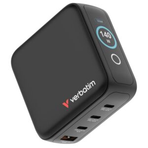 Verbatim Mini GaN Charger 140W with Display, 3× USB-C PD, 1× USB-A QC 3.0, Black