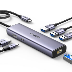 HUB Ugreen CM512 15598 6in1 USB-C - 3x USB-A 3.0 / HDMI / RJ45 / USB-C PD - pilkos spalvos