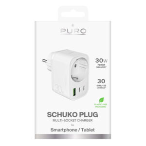 Puro 30W Power Delivery Charger with Schuko Plug and Socket 2x USB-C + 1x USB-A - White - Image 2