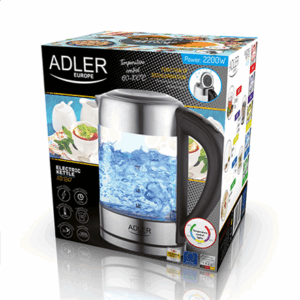 Adler | Kettle | AD 1247 | With electronic control | 1850 W | 1.7 L | Stainless steel/Glass | 360° rotational base | Stainless steel/Transparent - Image 2