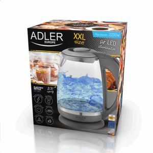 Adler | Kettle | AD 1286 | Standard | 2200 W | 2 L | Plastic/Glass | 360° rotational base | Grey - Image 5