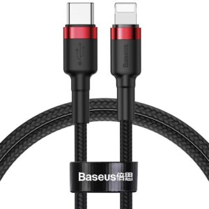 BASEUS CAFULE CABLE DURABLE NYLON BRAIDED WIRE USB TYPE C PD / LIGHTNING 18W QC3.0 1M juodos spalvos-RED (CATLKLF-91)