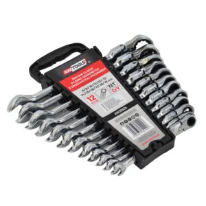 AWTOOLS PLOKŠČIAS-ŽIEDINIS RAKTŲ RINKINYS SU REKETU IR ŠARNYRU, 12 vnt. 8-19mm