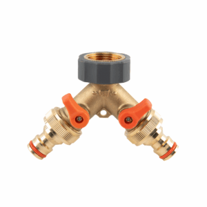 BRADAS 2-krypčių skirstytuvas, vidinis sriegis 3/4" x išorinis sriegis 3/4", žalvarinis su vožtuvais BRASS SOFT