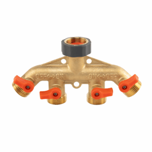BRADAS 4-krypčių skirstytuvas, vidinis sriegis 3/4" x išorinis sriegis 3/4", žalvarinis su vožtuvais BRASS SOFT