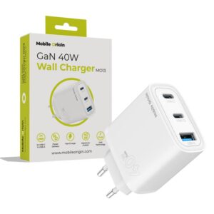 Mobile Origin GaN 40W Wall įkroviklis MO13, baltos spalvos 1 USB-A + 2 USB-C
