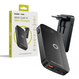 Mobile Origin 65W GaN III Slim įkroviklis dual USB-C, Single USB-A juodos spalvos