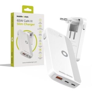 Mobile Origin 65W GaN III Slim įkroviklis dual USB-C, Single USB-A baltos spalvos