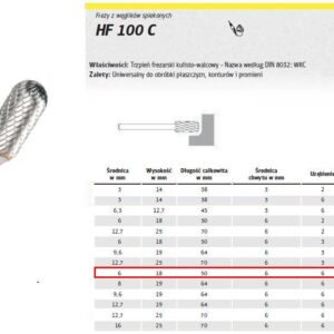 KLINGSPOR FREZA IŠ KIETLYDŽIO HF 100 C /6mm/694 CILINDRAS SU SUAPVALINTA GALVUTE FI=6,0x18mm, KOTAS 6mm, TIPAS WRC
