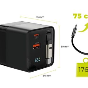 Mobile Origin 65W GaN Display įkroviklis PW2 - USB-C Self-Retracting kabelis + USB-C + USB-A - Image 11