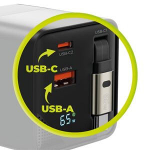 Mobile Origin 65W GaN Display įkroviklis PW2 - USB-C Self-Retracting kabelis + USB-C + USB-A - Image 13