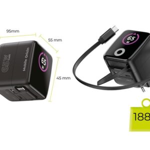 Mobile Origin 65W GaN Display įkroviklis PW3 - USB-C Self-Retracting kabelis + USB-C + USB-A - Image 12